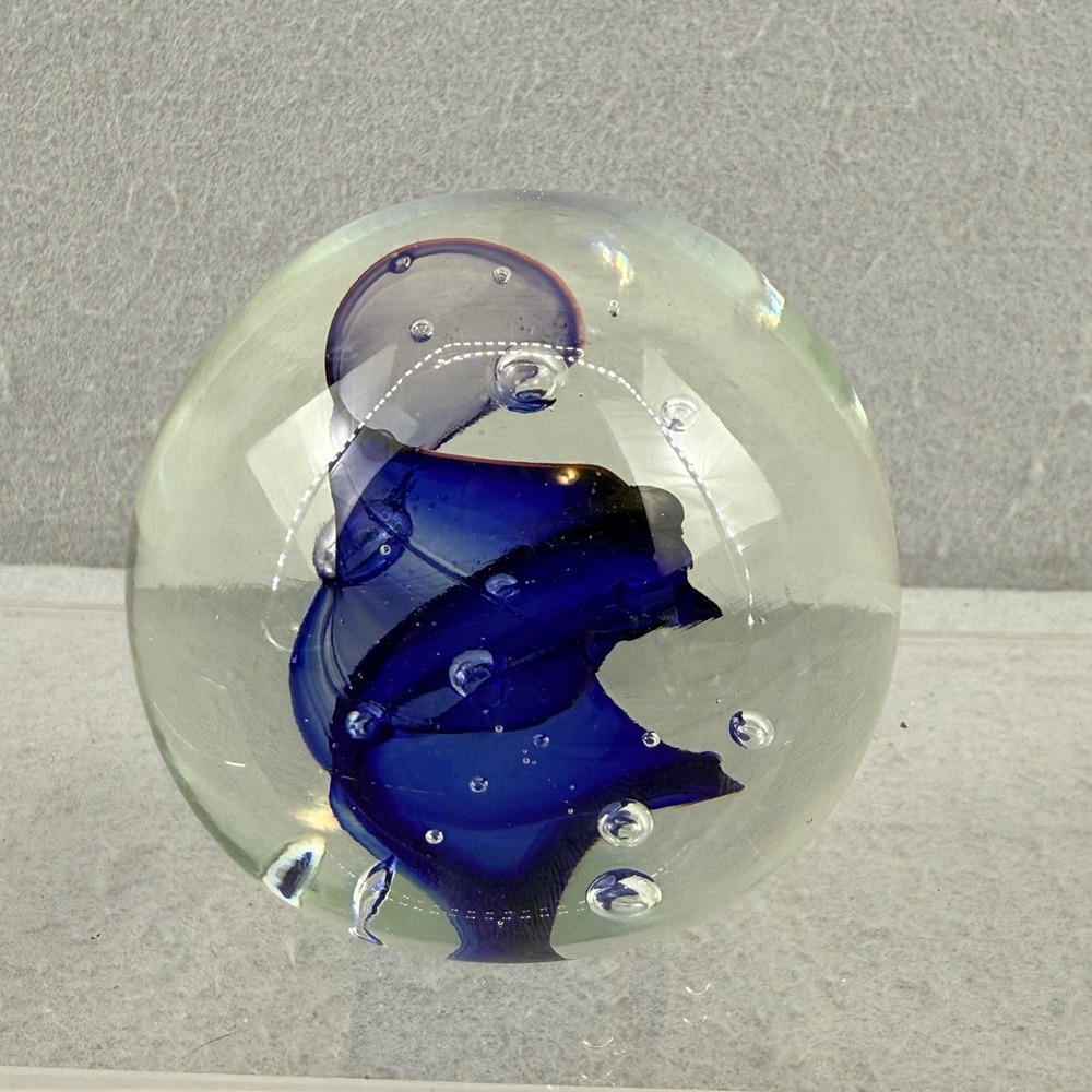 Rollin Karg Signed Studio Art Glass Paperweight Cobalt‎ Swirl Controlled Bubble